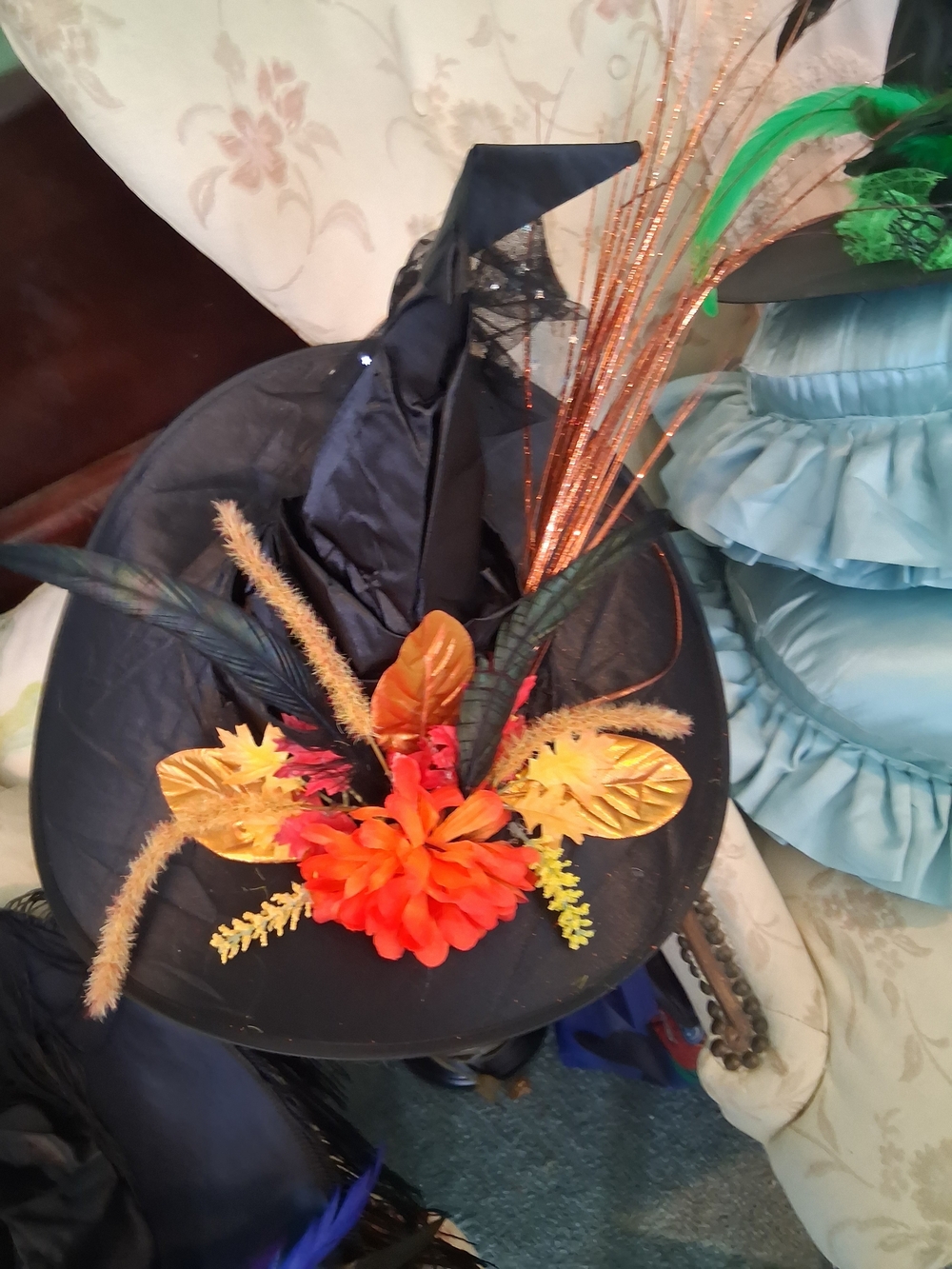 Black Witch Hat with Orange Floral Accent by